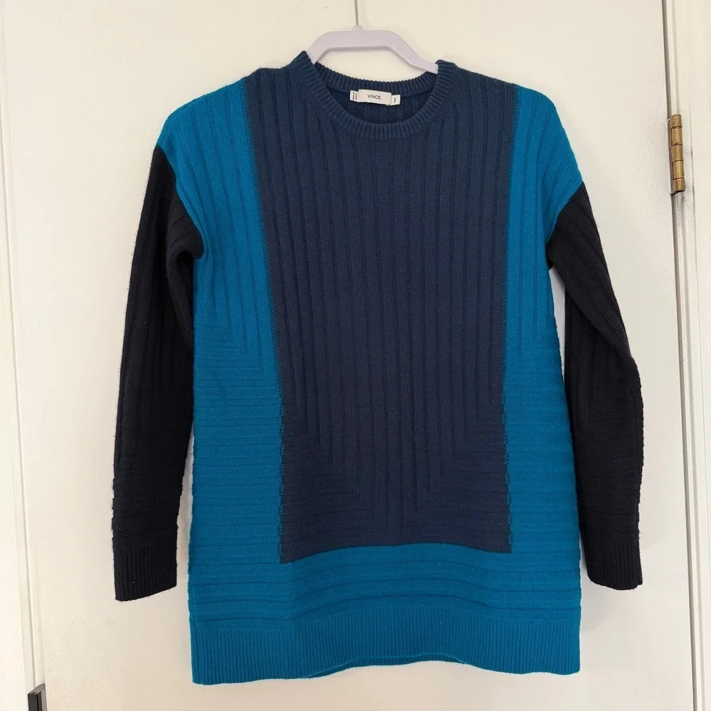 Vince Color Block Ribbed Knit Sweater Blue Navy Teal Long Sleeve XXS